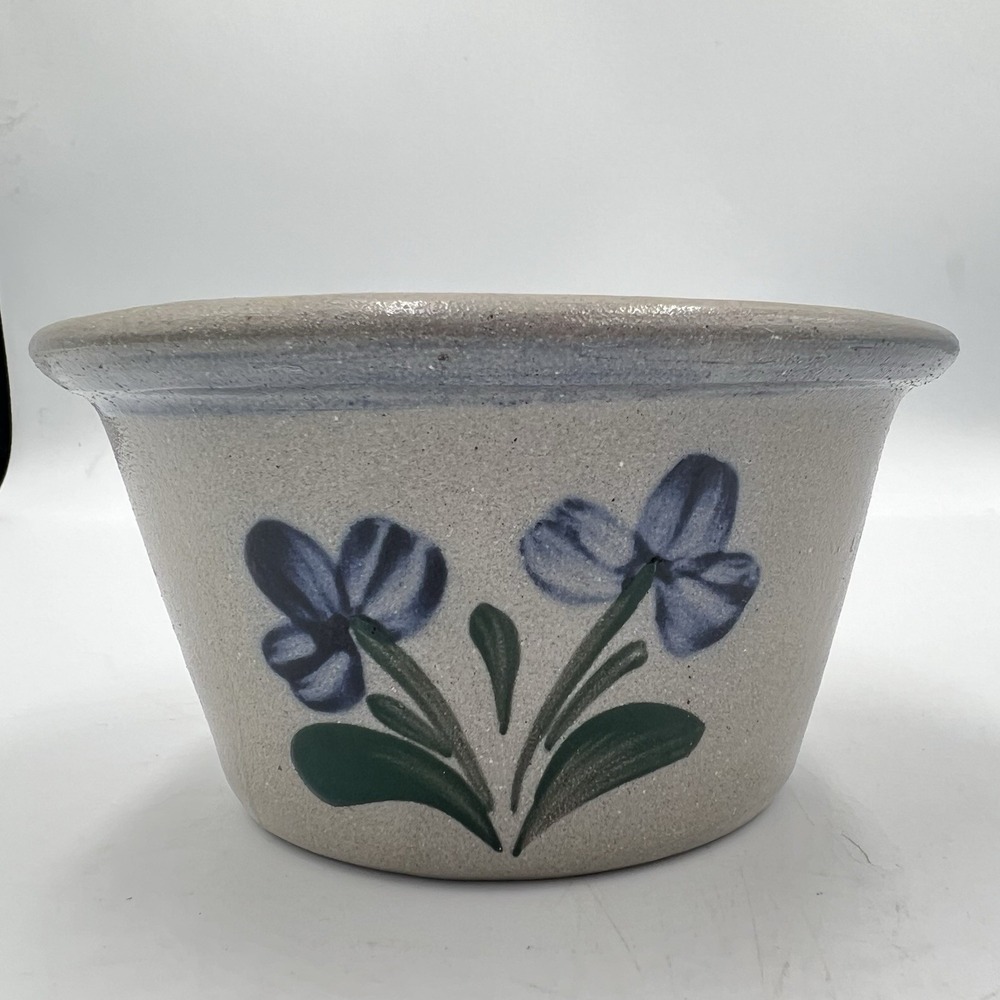 Rowe Pottery Works Crock Bowl Hand Painted Blue Floral Stoneware‎ 1997 Wisconsin